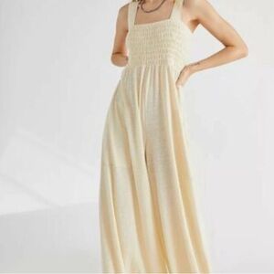 Free People FP Beach Homecoming Jumpsuit SunBath Large Linen Coastal Grandmother